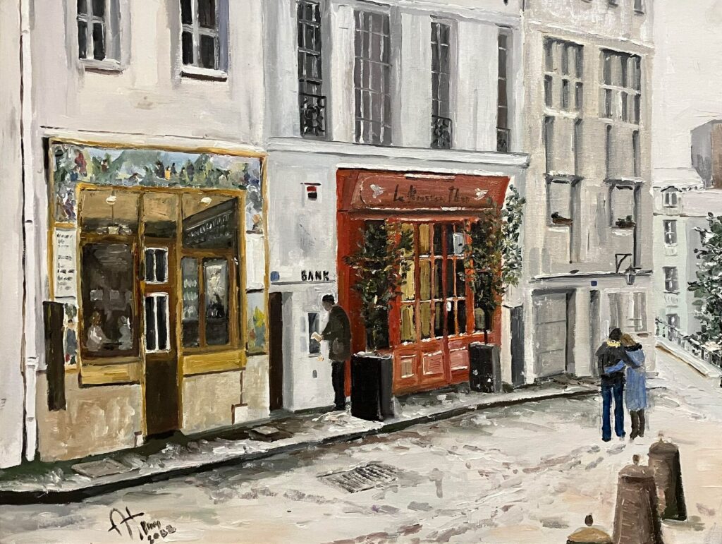 Montmartre, Brasserie Thai, rue Poulbot — a Paris street scene by Andrey Grin, oil on canvas