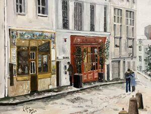 Montmartre, Brasserie Thai, rue Poulbot — a Paris street scene painted from life by Andrey Grin, oil on canvas