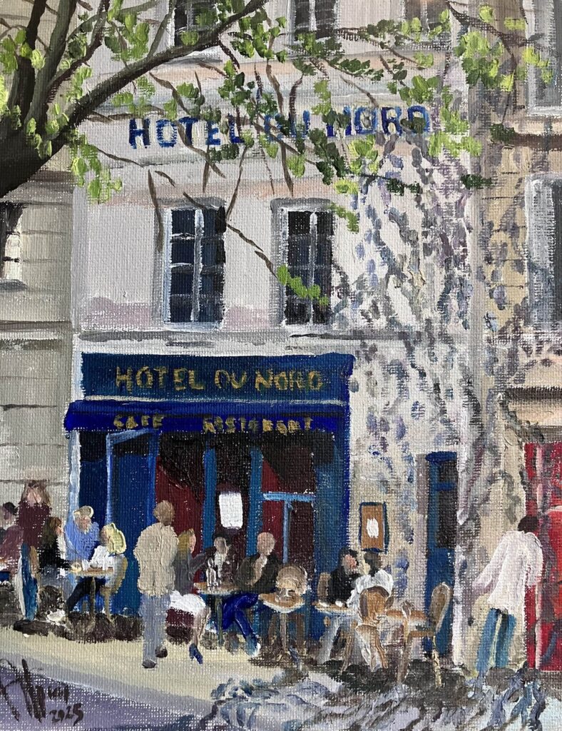 Au board du canal St Martin — a Paris street scene by Andrey Grin, oil on cardboard