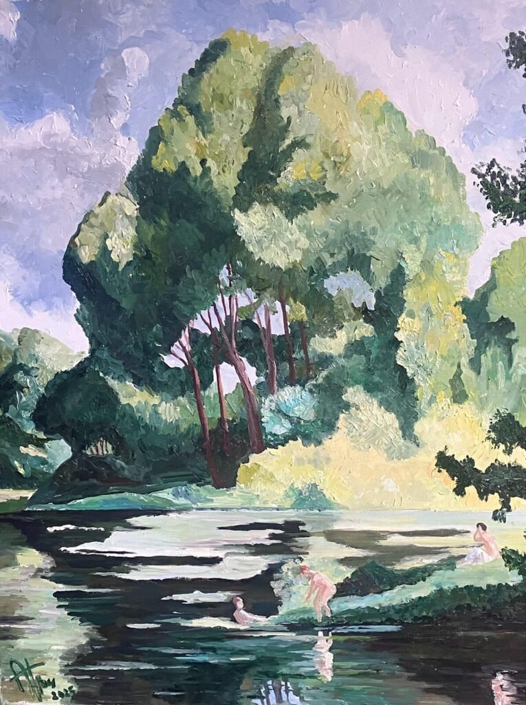 La baignade dans le petit bras. Hommage à Maximilien Luce — a scene of France by Andrey Grin, oil on canvas