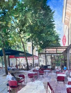 Tabac de la Sorbonne. L’été — a Paris street scene painted from life by Andrey Grin, oil on canvas