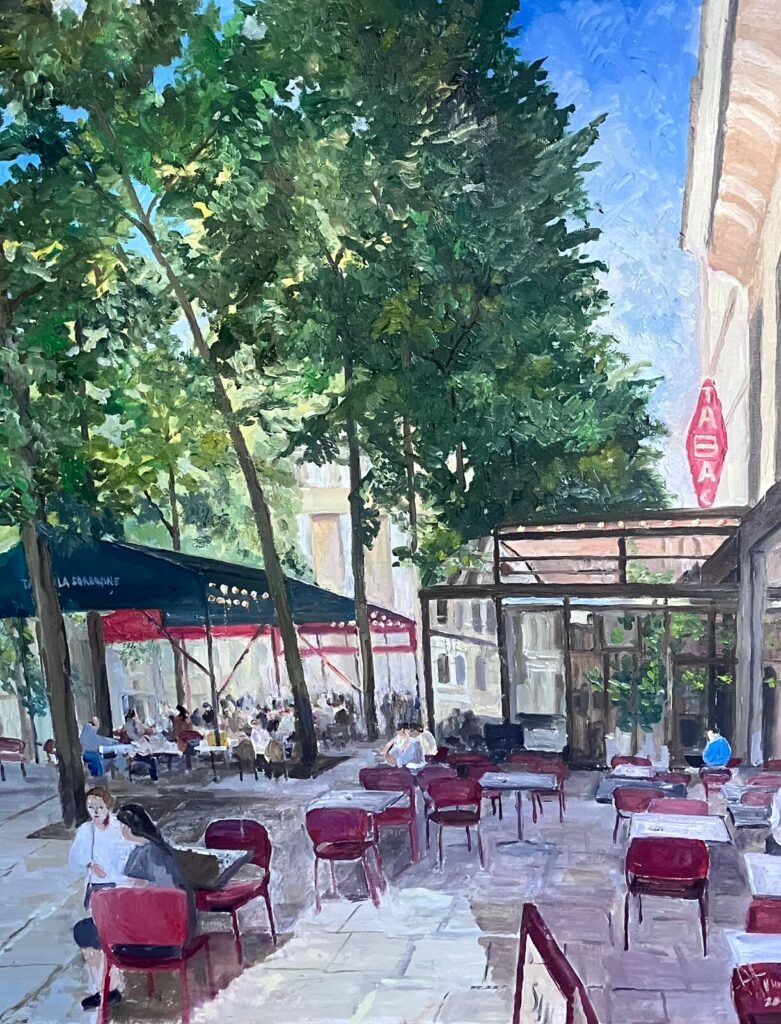 Tabac de la Sorbonne. L’été — a Paris street scene by Andrey Grin, oil on canvas