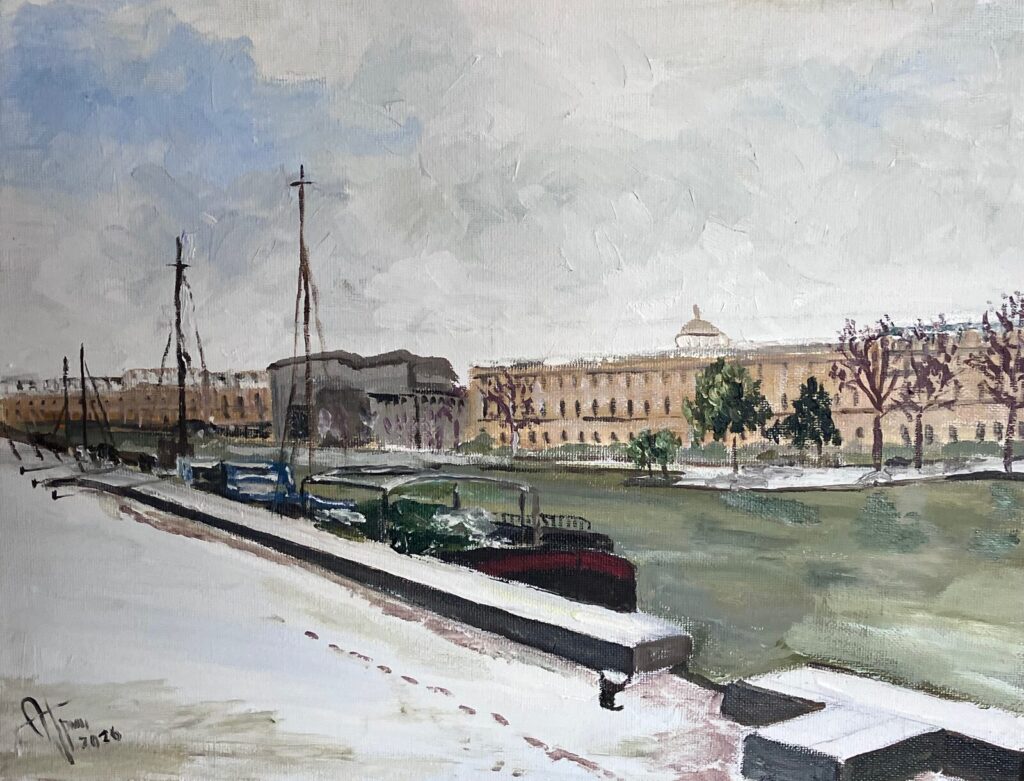 Peniches en hiver — a Paris street scene by Andrey Grin, oil on canvas