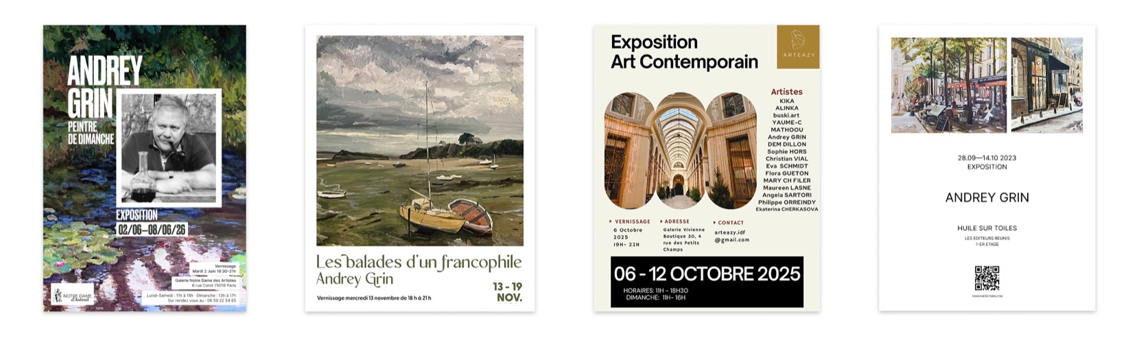 Exhibition posters — Peintre de Dimanche (Paris, 2026), Les balades d'un francophile (Paris, 2024), Art Contemporain / ARTEAZY (Paris, 2025) and Huile sur Toiles (Paris, 2023)